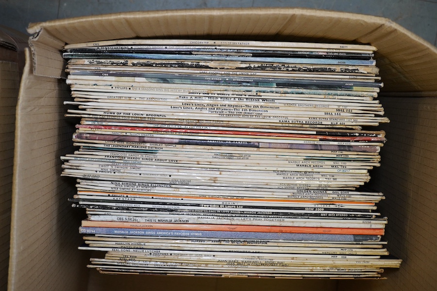 Two boxes of LP record albums, artists include; Chicory Tip, the Byrds, The Fifth Dimension, Lovin’ Spoonful, the Mamas & The Papas, Nancy Sinatra, Francoise Hardy, Nina Simone, Laura Lee, Wanda Jackson, Joan Baez, Mary